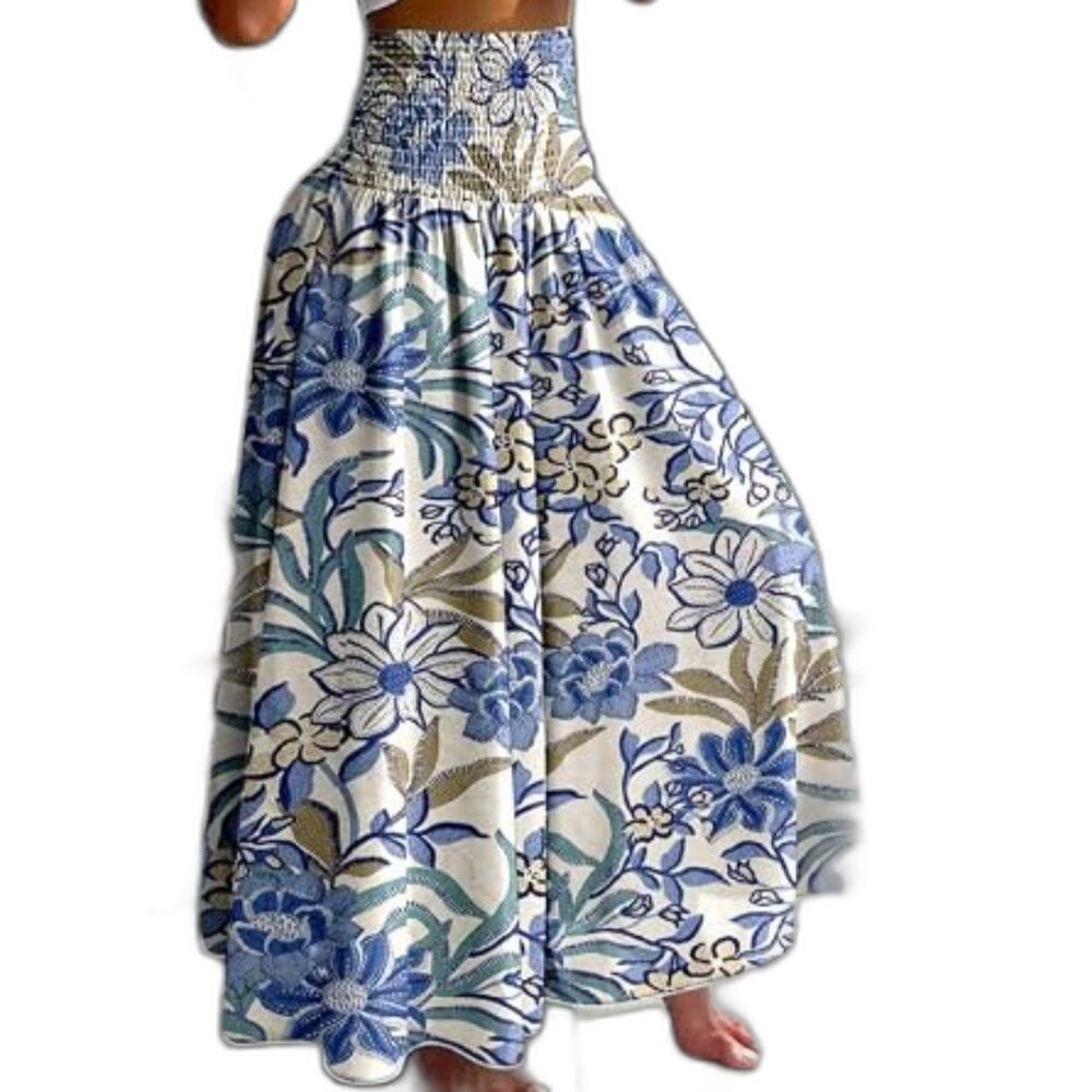 Floral Print High Waist Elastic Waist Maxi Wide Leg Pant